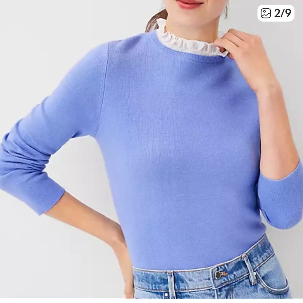 Ann Taylor Victorian Ruffle Collar Cotton Blend Periwinkle and White Sweater, XL